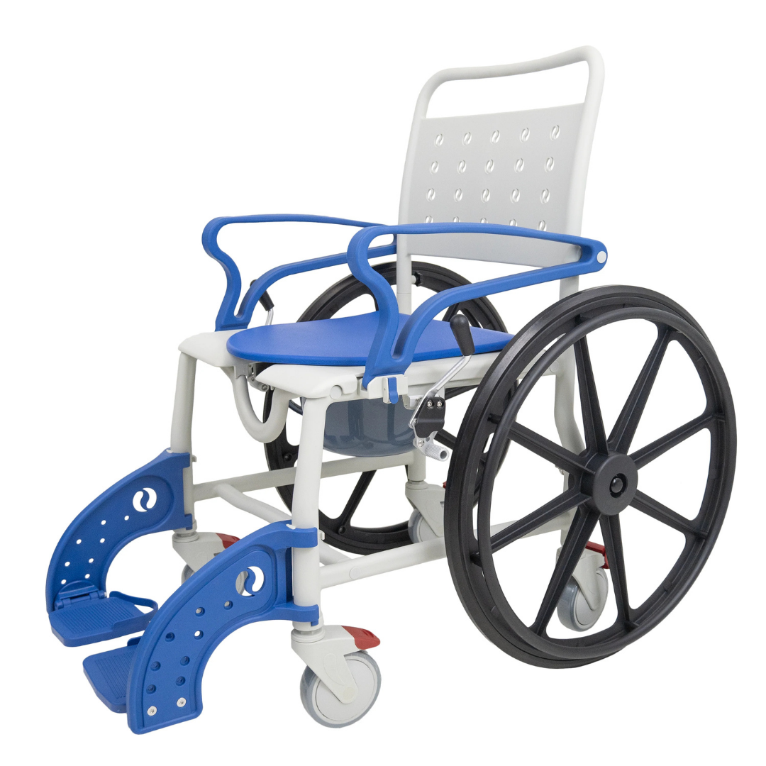 The Climbing Steps Sidekick Shower Chair with Commode Opening features blue and white colors, large black rear wheels, small front wheels, blue armrests and footrests, providing a practical bathroom mobility aid.